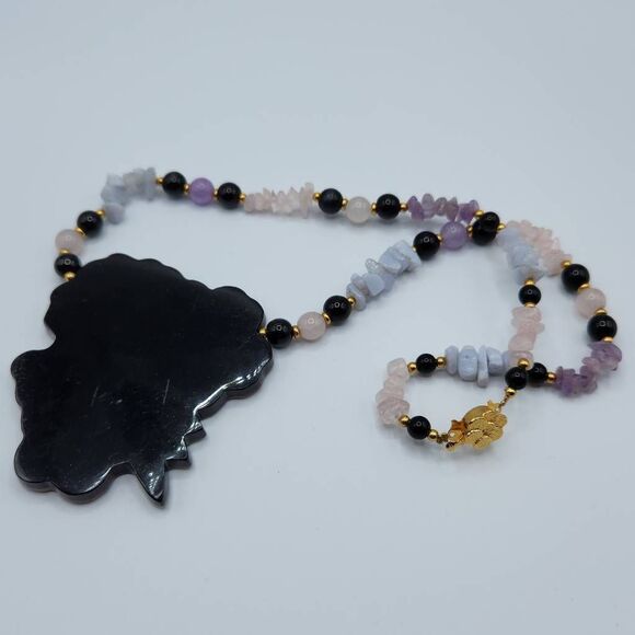 SOLD**********Vtg Lee Sands MOP Floral Inlay Rose Quartz Onyx Beaded Necklace - Picture 5 of 7